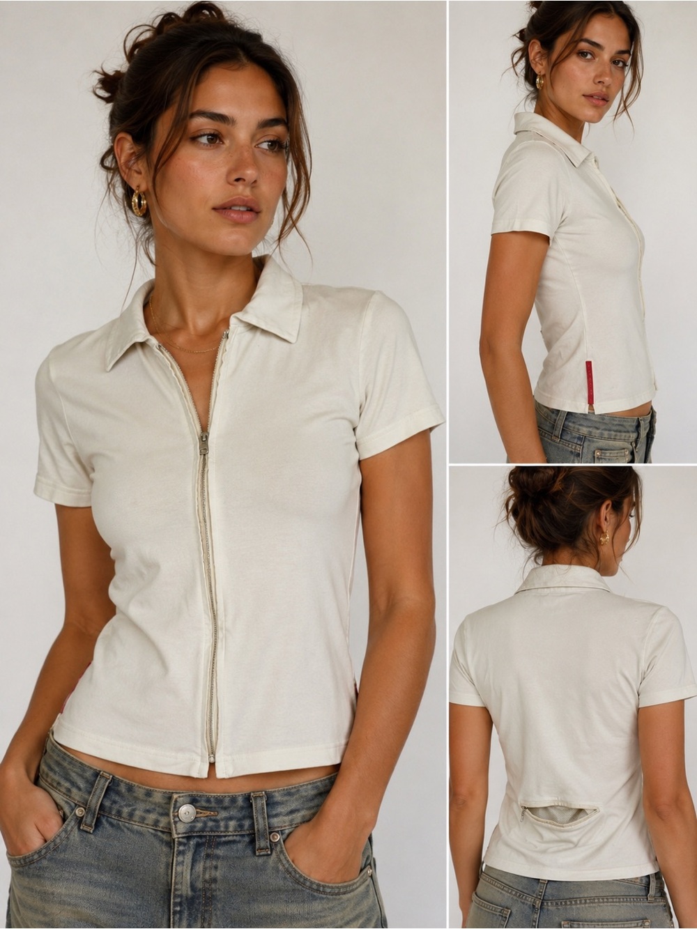 Vintage Prada Sport Linea Rossa White Short Sleeve Zip Front Pouch Polo Shirt S